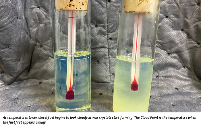As temperatures lower, diesel fuel begins to look cloudy as wax crystals start forming. The Cloud Point is the temperature when the fuel first appears cloudy