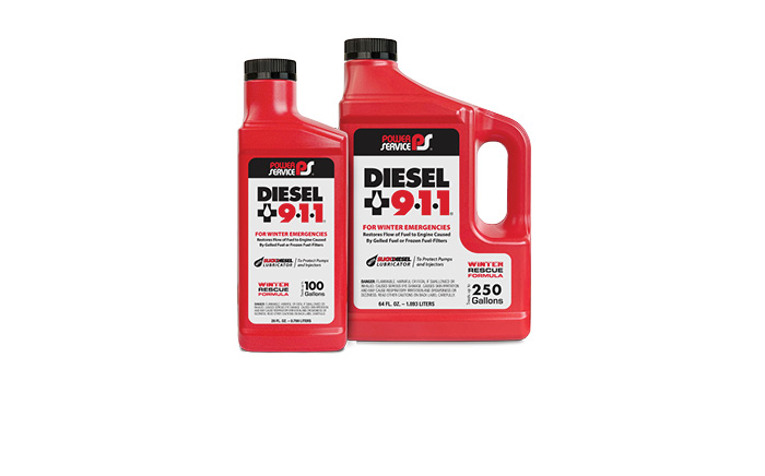 Diesel 911 reliquefies gelled fuel and de-ices frozen fuel-filters to restore the flow of diesel fuel to an engine