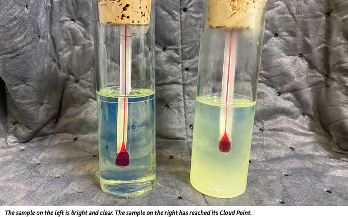 diesel fuel could point in winter cold weather. The sample on the left is bright and clear. The sample on the right has reached its Cloud Point.