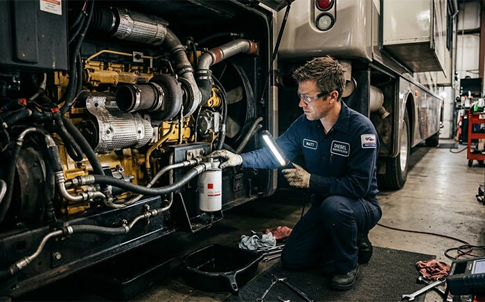 Mechanic inspecting RV diesel engine fuel filter for signs of water and algae
