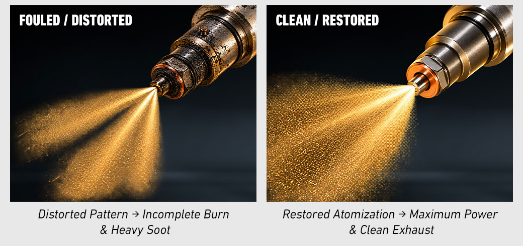 diesel fuel injector spray patterns, fouled distorted and clean restored