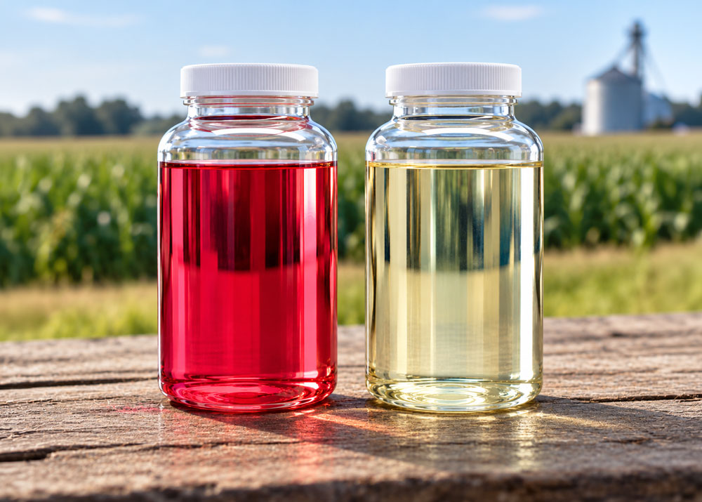 Close-up of a diesel fuel filter stained pink from Solvent Red 164 dye compared to clean fuel media